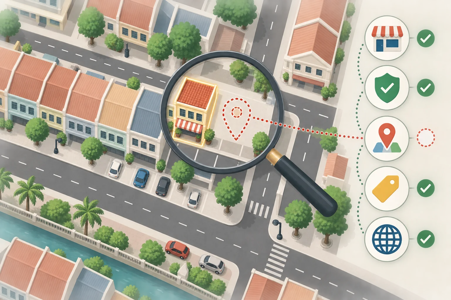 Overhead map of a Malaysian neighbourhood with a magnifying glass highlighting a shop whose location marker is missing, beside a business profile checklist