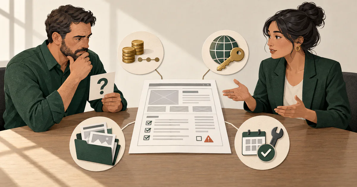 Business owner reviewing a website proposal with a web designer, with symbols for price, domain ownership, deliverables and maintenance