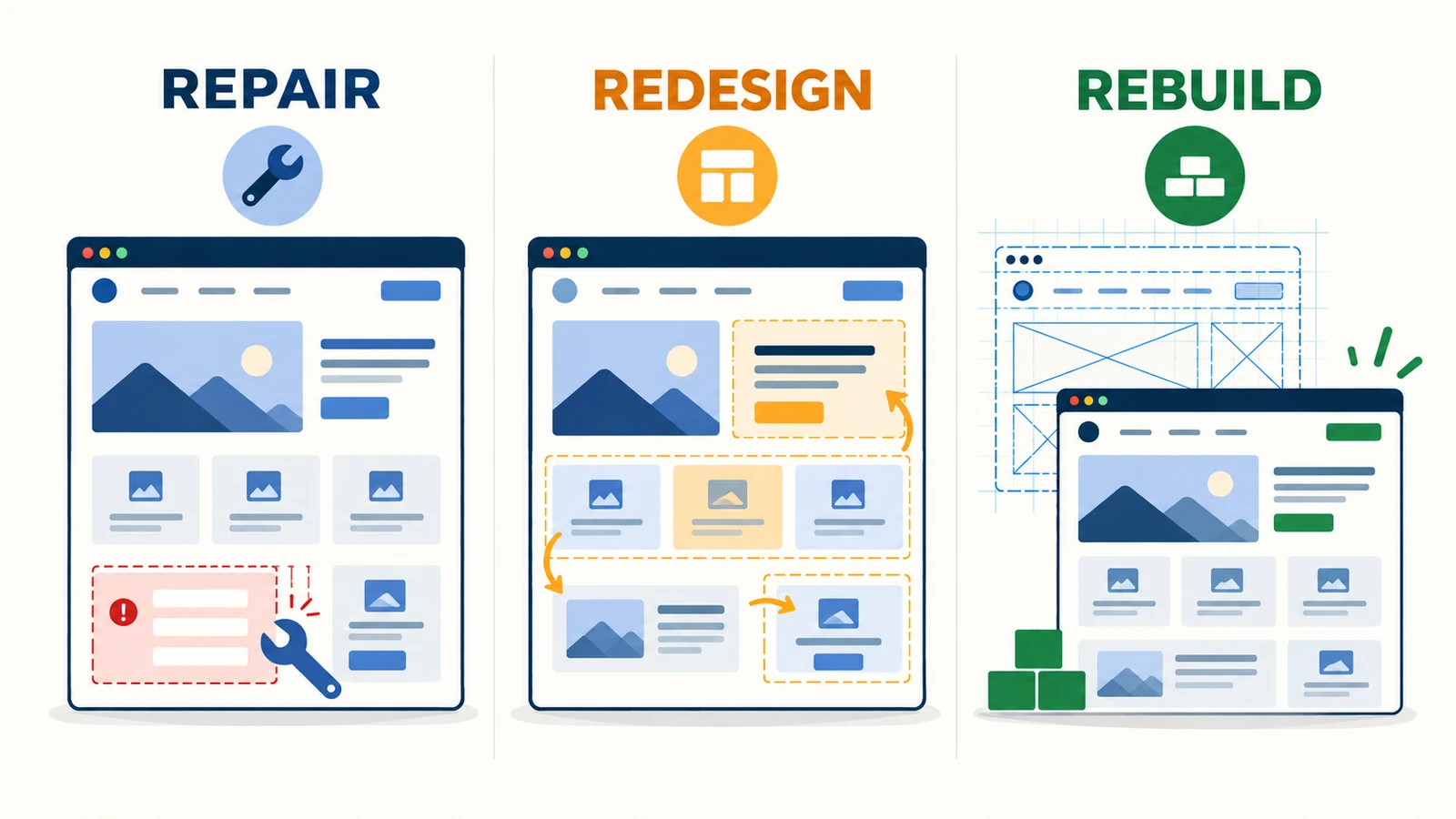 Three choices for the same website: repair one issue, redesign its pages, or rebuild the full structure