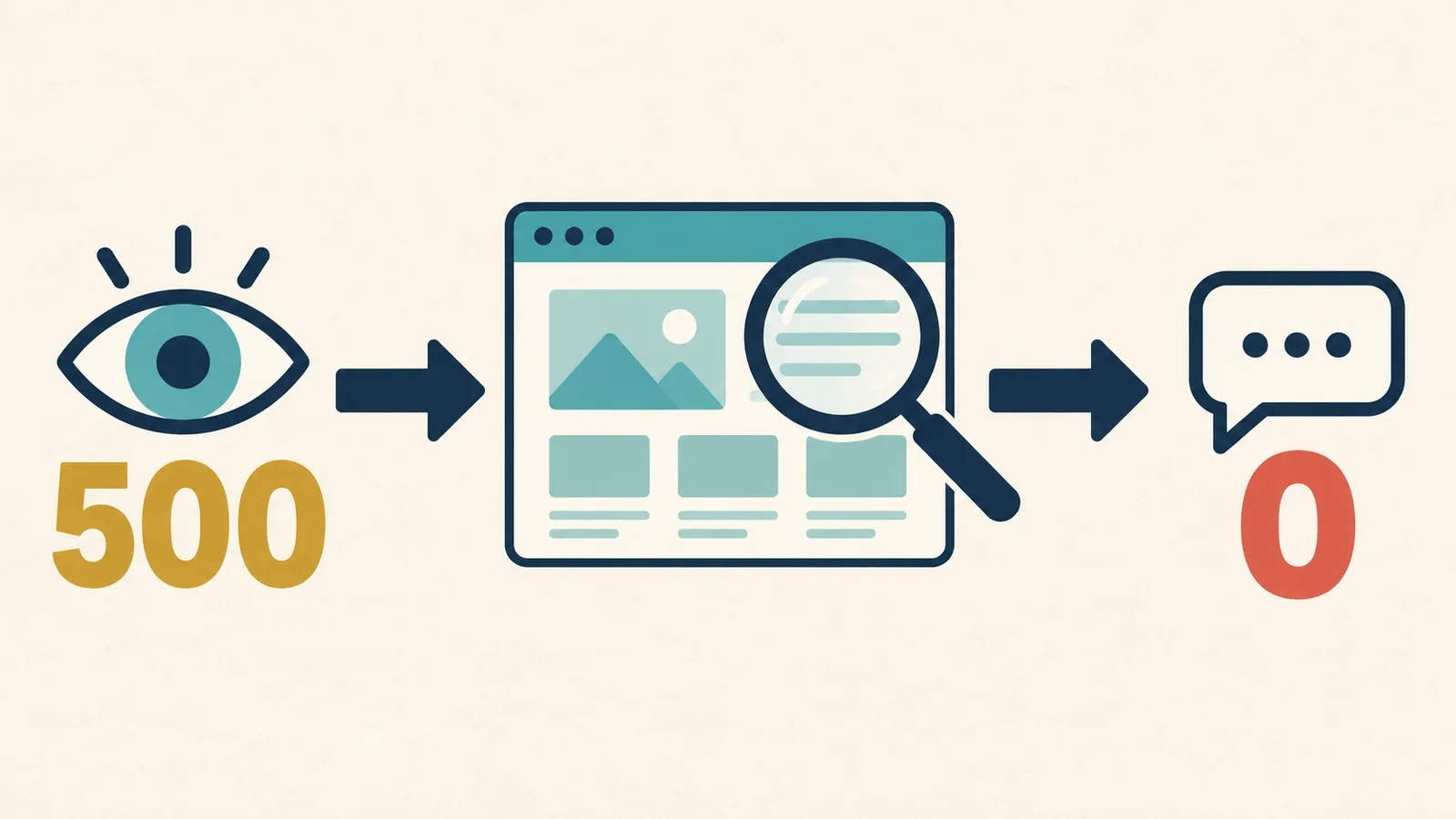 A website gets 500 views but no enquiries while a magnifying glass checks the page