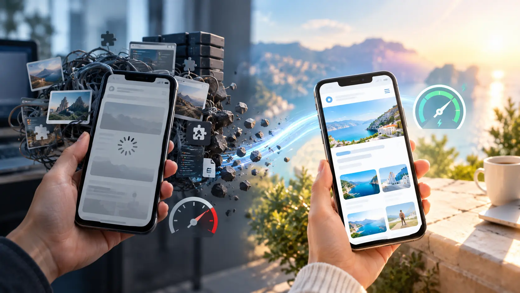 Mobile speed test comparison showing slow WordPress loading time versus optimized fast-loading mobile business website