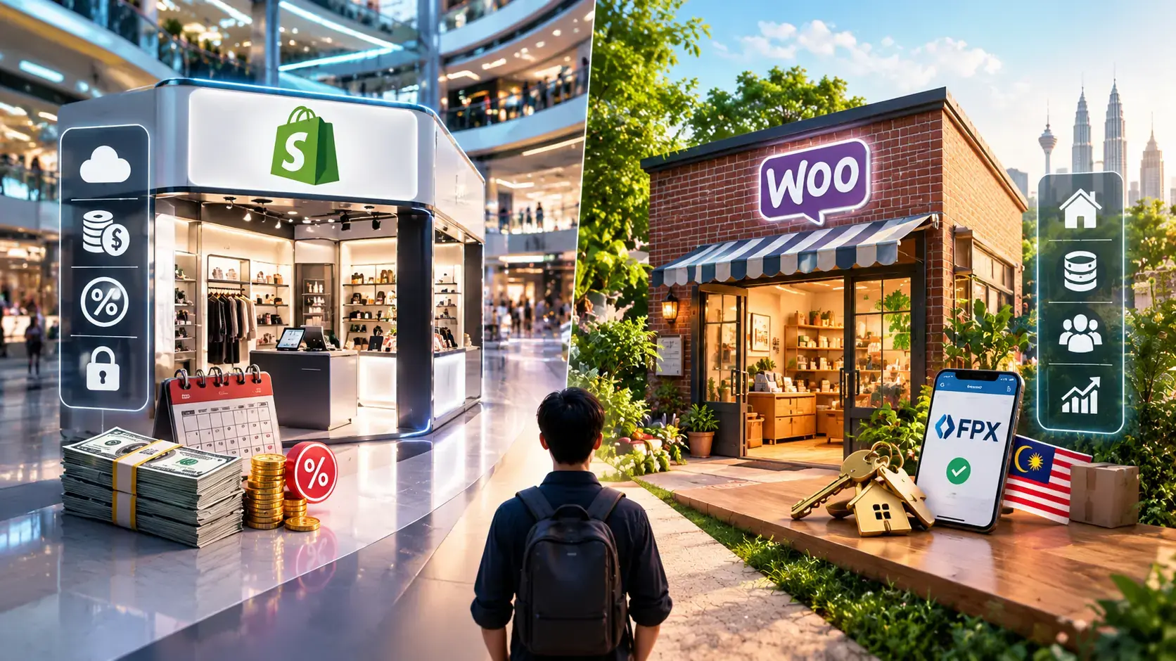 Comparison of WooCommerce and Shopify for Malaysian businesses showing payment gateway fees, monthly costs, and ownership differences