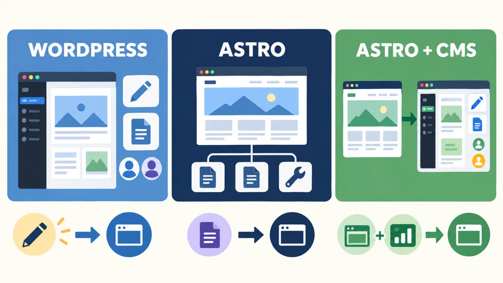 Comparison of a WordPress dashboard, standard Astro file management, and Astro connected to a CMS