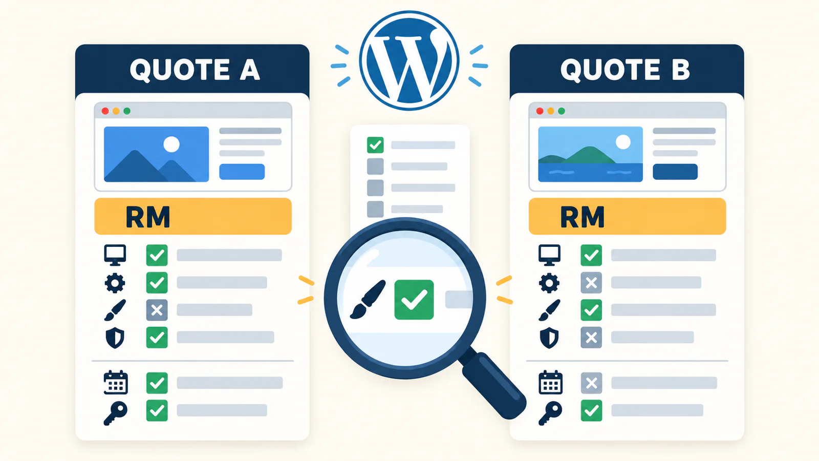 Top-down desk with two WordPress website quotations, a comparison checklist, cost calculator, SEO chart, ownership key and handover folder