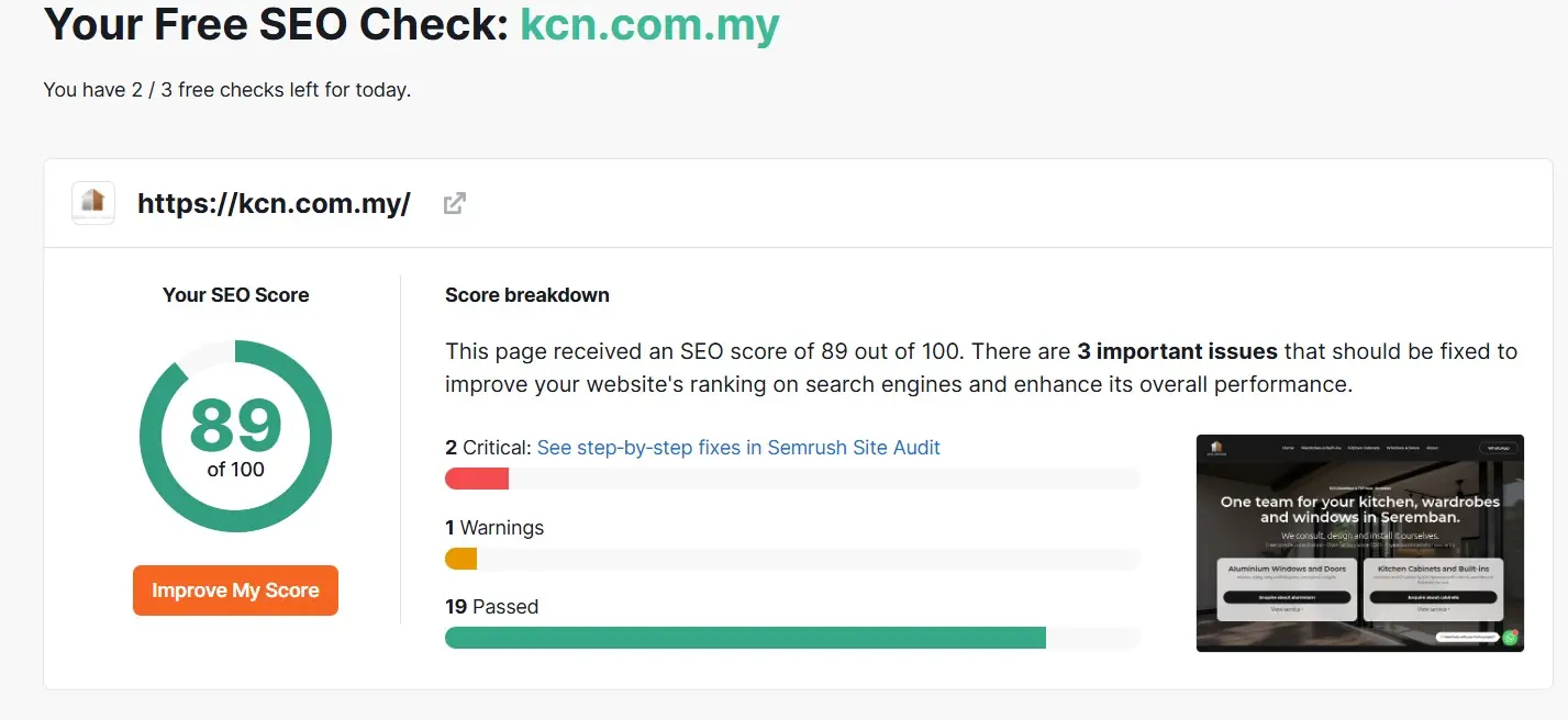 KCN homepage SEO check after optimisation showing a score of 89