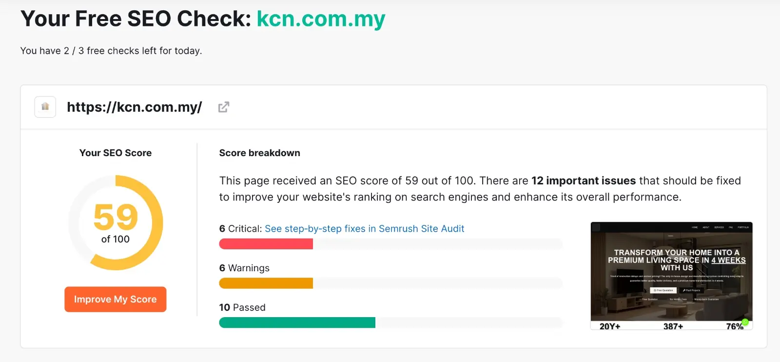 KCN homepage SEO check before optimisation showing a score of 59